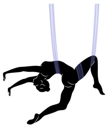 Fly yoga. Yoga on the hammock. Silhouette of a slender girl who goes in for sports, meditation. Good for your health. Vector illustrationのイラスト素材