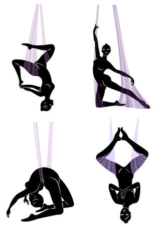 Collection. Fly yoga. Yoga in a hammock. Silhouette of a slender girl who goes in for sports, meditation. Good for your health. Vector illustration, setのイラスト素材