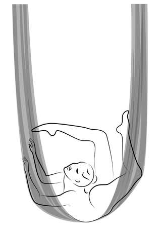 Fly yoga. Yoga on the hammock. Silhouette of a slender girl who goes in for sports, meditation. Good for your health. Vector illustrationのイラスト素材