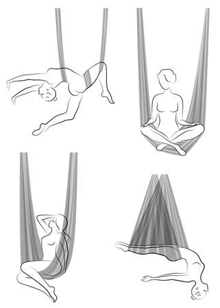 Collection. Fly yoga. Yoga in a hammock. Silhouette of a slender girl who goes in for sports, meditation. Good for your health. Vector illustration, setのイラスト素材