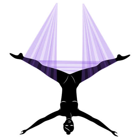 Fly yoga. Yoga on the hammock. Silhouette of a slender girl who goes in for sports, meditation. Good for your health. Vector illustrationのイラスト素材