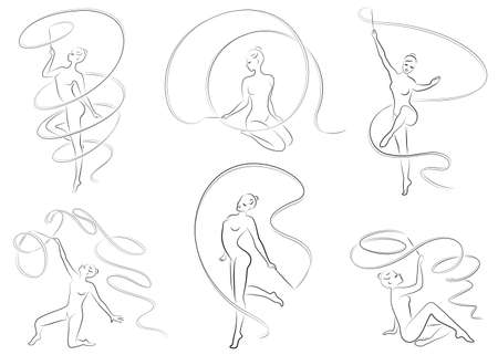 Collection. Rhythmic gymnastics. Silhouette of a girl with a ribbon. Beautiful gymnast. The woman is slim and young. Vector illustration set.のイラスト素材