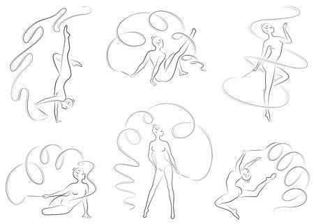 Collection. Rhythmic gymnastics. Silhouette of a girl with a ribbon. Beautiful gymnast. The woman is slim and young. Vector illustration set.のイラスト素材