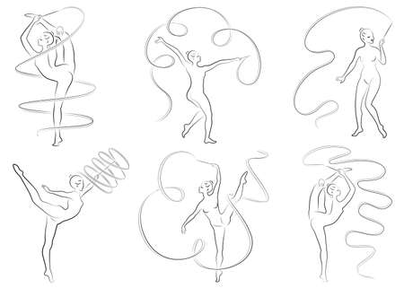 Collection. Rhythmic gymnastics. Silhouette of a girl with a ribbon. Beautiful gymnast. The woman is slim and young. Vector illustration set.のイラスト素材