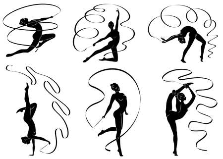 Collection. Rhythmic gymnastics. Silhouette of a girl with a ribbon. Beautiful gymnast. The woman is slim and young. Vector illustration setのイラスト素材