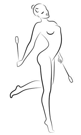 Rhythmic gymnastics. Silhouette of a girl with maces. Great gymnast. The woman is slim and young. Vector illustrationのイラスト素材