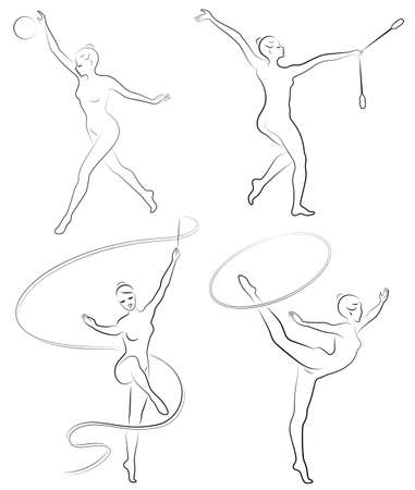 Collection. Rhythmic gymnastics. Silhouette of a girl with maces, ball, ribbon, hoop. Beautiful gymnast. The woman is slim and young. Vector illustration of a set.のイラスト素材