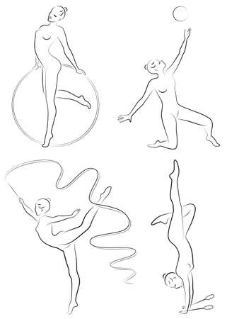 Collection. Rhythmic gymnastics. Silhouette of a girl with maces, ball, ribbon, hoop. Beautiful gymnast. The woman is slim and young. Vector illustration of a set.のイラスト素材