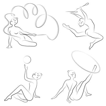 Collection. Rhythmic gymnastics. Silhouette of a girl with maces, ball, ribbon, hoop. Beautiful gymnast. The woman is slim and young. Vector illustration of a set.のイラスト素材