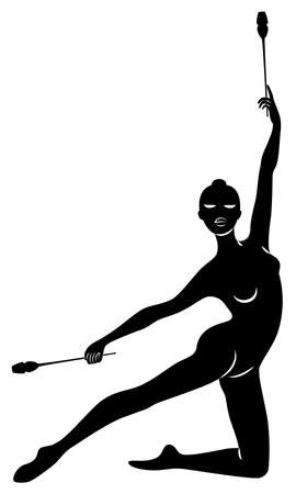Rhythmic gymnastics. Silhouette of a girl with maces. Great gymnast. The woman is slim and young. Vector illustrationのイラスト素材