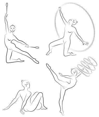 Collection. Rhythmic gymnastics. Silhouette of a girl with maces, ball, ribbon, hoop. Beautiful gymnast. The woman is slim and young. Vector illustration of a set.のイラスト素材