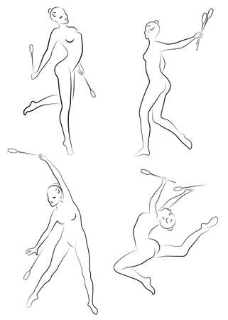 Collection. Rhythmic gymnastics. Silhouette of a girl with maces. Great gymnast. The woman is slim and young. Vector illustration of a set.のイラスト素材