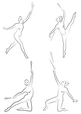 Collection. Rhythmic gymnastics. Silhouette of a girl with maces. Great gymnast. The woman is slim and young. Vector illustration of a set.のイラスト素材