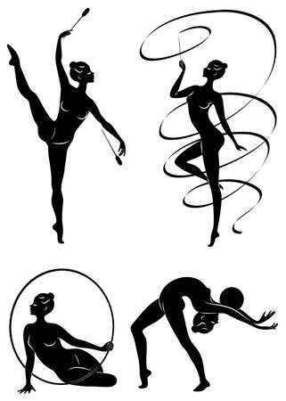 Collection. Rhythmic gymnastics. Silhouette of a girl with maces, ball, ribbon, hoop. Beautiful gymnast. The woman is slim and young. Vector illustration of a set.のイラスト素材
