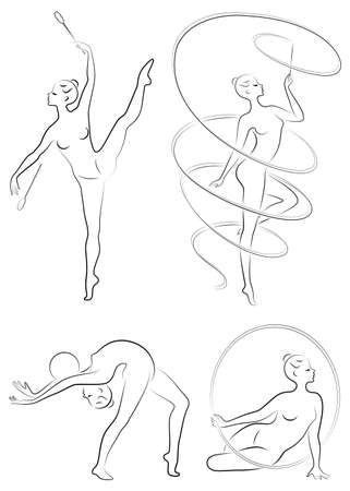 Collection. Rhythmic gymnastics. Silhouette of a girl with maces, ball, ribbon, hoop. Beautiful gymnast. The woman is slim and young. Vector illustration of a set.のイラスト素材