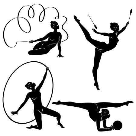 Collection. Rhythmic gymnastics. Silhouette of a girl with maces, ball, ribbon, hoop. Beautiful gymnast. The woman is slim and young. Vector illustration of a set.のイラスト素材