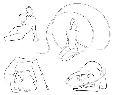 Collection. Rhythmic gymnastics. Silhouette of a girl with maces, ball, ribbon, hoop. Beautiful gymnast. The woman is slim and young. Vector illustration of a set.のイラスト素材