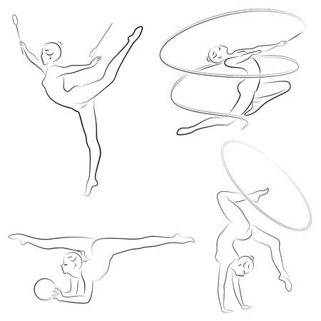 Collection. Rhythmic gymnastics. Silhouette of a girl with maces, ball, ribbon, hoop. Beautiful gymnast. The woman is slim and young. Vector illustration of a set.のイラスト素材