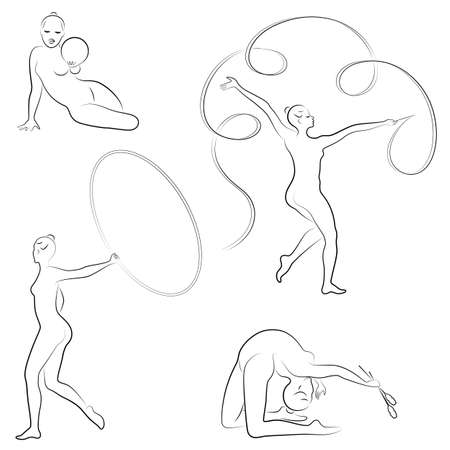 Collection. Rhythmic gymnastics. Silhouette of a girl with maces, ball, ribbon, hoop. Beautiful gymnast. The woman is slim and young. Vector illustration of a set.のイラスト素材