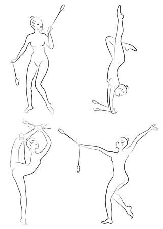 Collection. Rhythmic gymnastics. Silhouette of a girl with maces. Great gymnast. The woman is slim and young. Vector illustration of a set.のイラスト素材