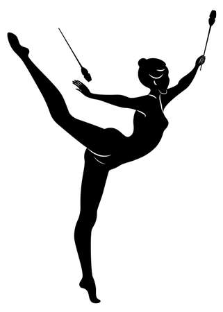 Rhythmic gymnastics. Silhouette of a girl with maces. Great gymnast. The woman is slim and young. Vector illustrationのイラスト素材