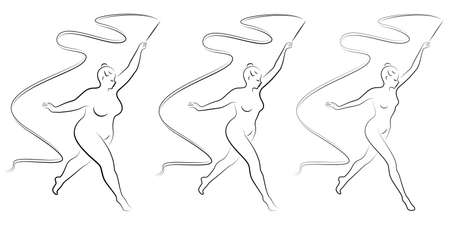 Collection. Silhouette of a cute lady, she is engaged in rhythmic gymnastics with a ribbon. The woman is overweight. Slender girl athlete. Vector illustration setのイラスト素材