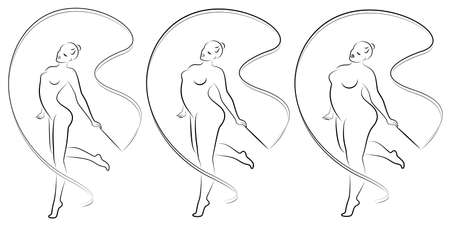 Collection. Silhouette of a cute lady, she is engaged in rhythmic gymnastics with a ribbon. The woman is overweight. Slender girl athlete. Vector illustration setのイラスト素材