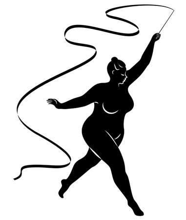 Gymnastics. Silhouette of a girl with a ribbon. The woman is overweight, a large body. The girl is full. Vector illustration.のイラスト素材