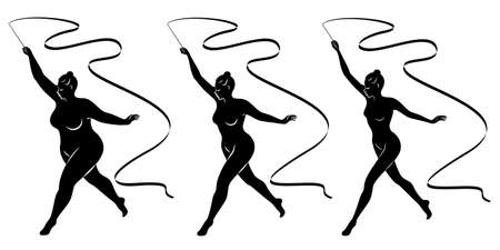 Collection. Silhouette of a cute lady, she is engaged in rhythmic gymnastics with a ribbon. The woman is overweight. Slender girl athlete. Vector illustration setのイラスト素材