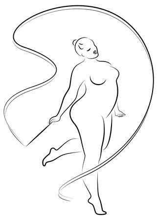 Gymnastics. Silhouette of a girl with a ribbon. The woman is overweight, a large body. The girl is full. Vector illustration.のイラスト素材