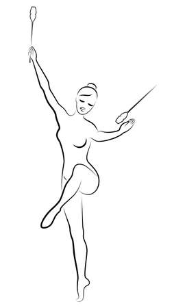 Rhythmic gymnastics. Silhouette of a girl with maces. Great gymnast. The woman is slim and young. Vector illustrationのイラスト素材