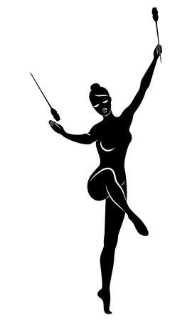 Rhythmic gymnastics. Silhouette of a girl with maces. Great gymnast. The woman is slim and young. Vector illustrationのイラスト素材