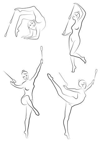 Collection. Rhythmic gymnastics. Silhouette of a girl with maces, ball, ribbon, hoop. Beautiful gymnast. The woman is slim and young. Vector illustration of a setのイラスト素材