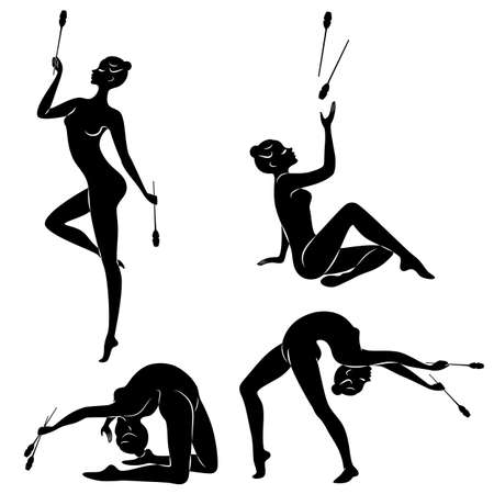 Collection. Rhythmic gymnastics. Silhouette of a girl with maces, ball, ribbon, hoop. Beautiful gymnast. The woman is slim and young. Vector illustration of a setのイラスト素材