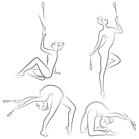 Collection. Rhythmic gymnastics. Silhouette of a girl with maces, ball, ribbon, hoop. Beautiful gymnast. The woman is slim and young. Vector illustration of a setのイラスト素材