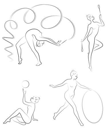Collection. Rhythmic gymnastics. Silhouette of a girl with maces, ball, ribbon, hoop. Beautiful gymnast. The woman is slim and young. Vector illustration of a setのイラスト素材