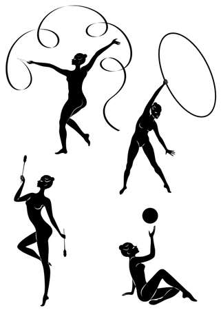 Collection. Rhythmic gymnastics. Silhouette of a girl with maces, ball, ribbon, hoop. Beautiful gymnast. The woman is slim and young. Vector illustration of a setのイラスト素材