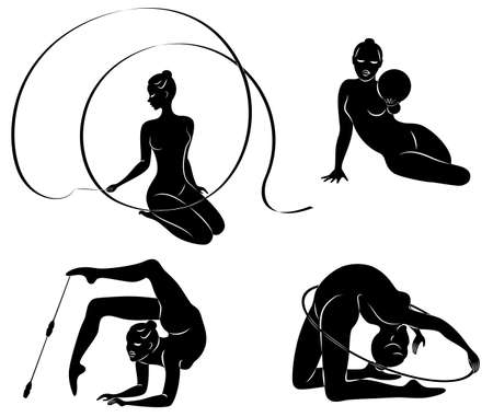 Collection. Rhythmic gymnastics. Silhouette of a girl with maces, ball, ribbon, hoop. Beautiful gymnast. The woman is slim and young. Vector illustration of a set.のイラスト素材
