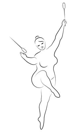 Gymnastics. Silhouette of a girl with a ribbon. The woman is overweight, a large body. The girl is full. Vector illustrationのイラスト素材
