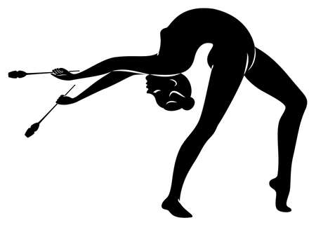Rhythmic gymnastics. Silhouette of a girl with maces. Great gymnast. The woman is slim and young. Vector illustrationのイラスト素材