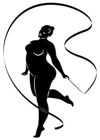 Gymnastics. Silhouette of a girl with a ribbon. The woman is overweight, a large body. The girl is full. Vector illustrationのイラスト素材