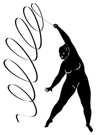 Gymnastics. Silhouette of a girl with a ribbon. The woman is overweight, a large body. The girl is full. Vector illustrationのイラスト素材
