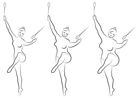 Collection. Silhouette of a cute lady, she does rhythmic gymnastics with clubs. The woman is overweight. Slender girl athlete. Vector illustration setのイラスト素材