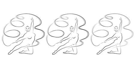 Collection. Silhouette of a cute lady, she is engaged in rhythmic gymnastics with a ribbon. The woman is overweight and slender girl athlete. Vector illustration set.のイラスト素材