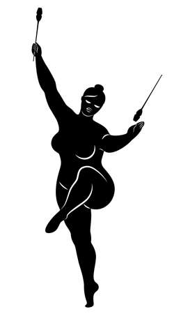 Gymnastics Silhouette of a girl with maces. The woman is overweight, a large body. The girl is full. Vector illustration.のイラスト素材