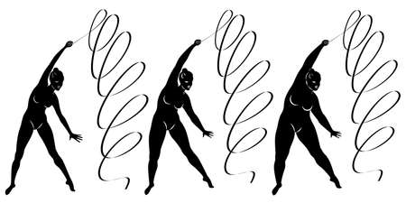 Collection. Silhouette of a cute lady, she is engaged in rhythmic gymnastics with a ribbon. The woman is overweight. Slender girl athlete. Vector illustration setのイラスト素材
