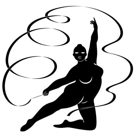 Gymnastics. Silhouette of a girl with a ribbon. The woman is overweight, a large body. The girl is full figured. Vector illustration.のイラスト素材