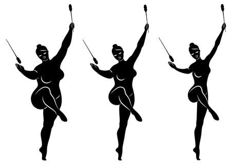 Collection. Silhouette of a cute lady, she does rhythmic gymnastics with clubs. The woman is overweight. Slender girl athlete. Vector illustration setのイラスト素材