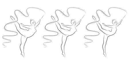 Collection. Silhouette of a cute lady, she is engaged in rhythmic gymnastics with a ribbon. The woman is overweight and slender girl athlete. Vector illustration set.のイラスト素材