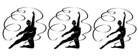 Collection. Silhouette of a cute lady, she is engaged in rhythmic gymnastics with a ribbon. The woman is overweight and slender girl athlete. Vector illustration set.のイラスト素材